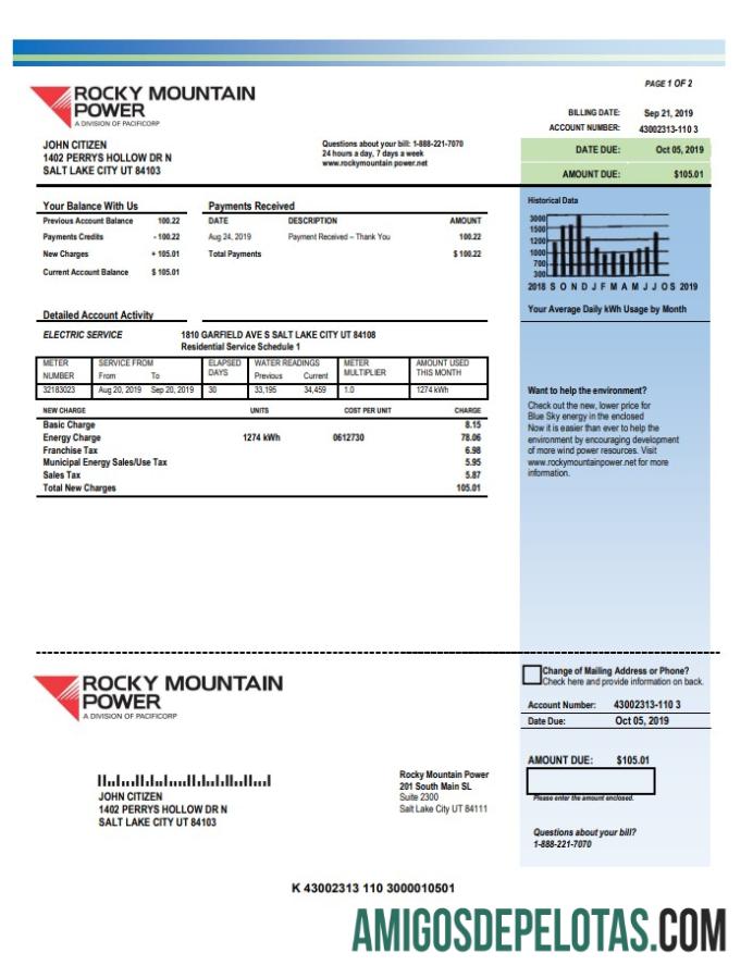 realista Modelo de conta de serviços públicos de eletricidade nas montanhas rochosas dos EUA, Utah, em formato Word e PDF
